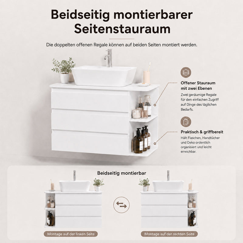 Yorbay wandmontierter Waschbeckenunterschrank mit 3 Schubladen & Seitenregal - YW017-D086 - 6 - yorbiy.com