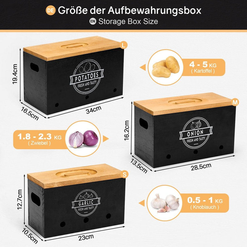 Yorbay 3er - Set Kartoffel - Aufbewahrungsboxen aus Holz, schwarz/weiß - B86 - 5 - yorbiy.com