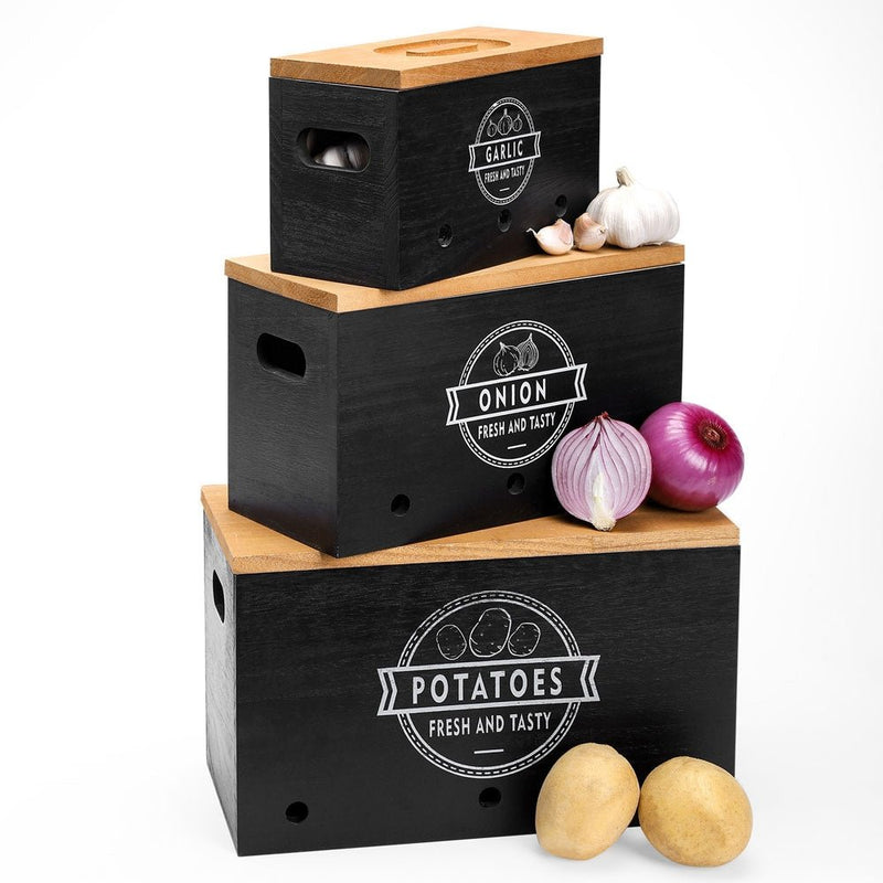Yorbay 3er - Set Kartoffel - Aufbewahrungsboxen aus Holz, schwarz/weiß - B86 - 1 - yorbiy.com