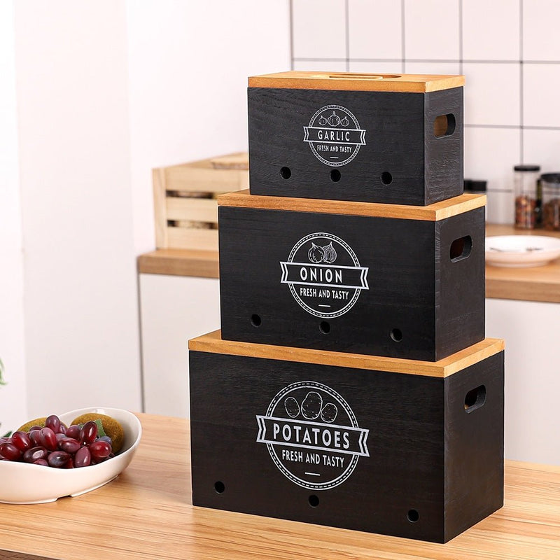 Yorbay 3er - Set Kartoffel - Aufbewahrungsboxen aus Holz, schwarz/weiß - B86 - 3 - yorbiy.com