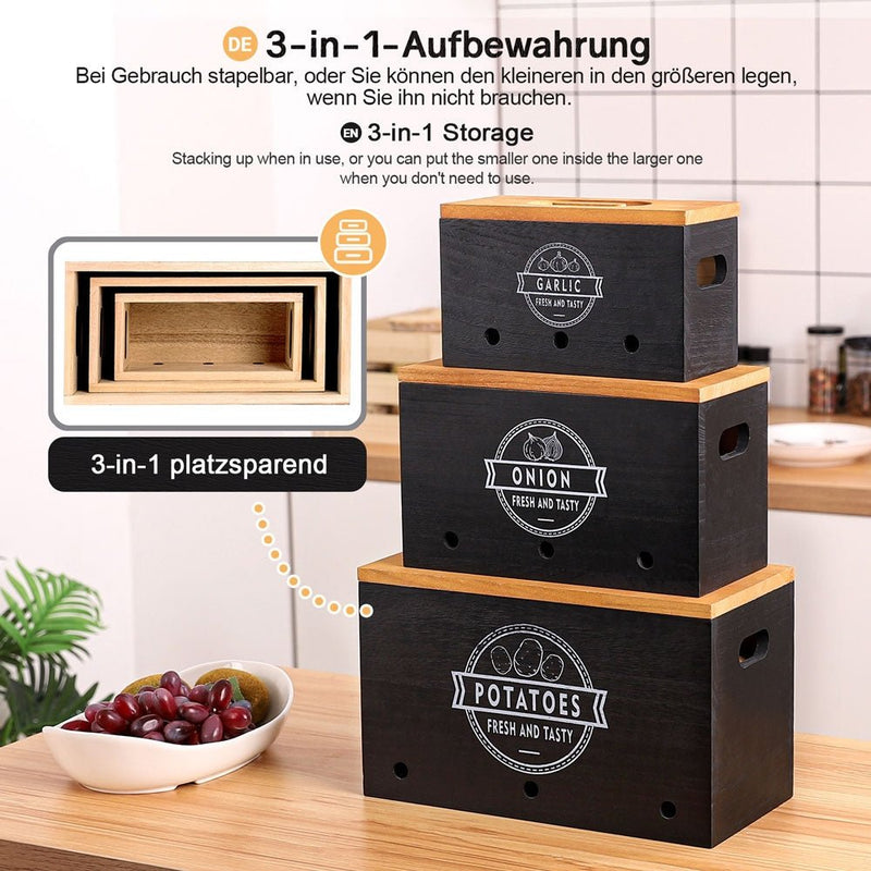 Yorbay 3er - Set Kartoffel - Aufbewahrungsboxen aus Holz, schwarz/weiß - B86 - 8 - yorbiy.com
