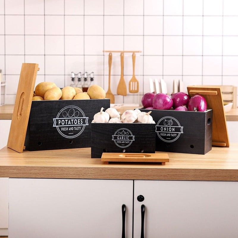 Yorbay 3er - Set Kartoffel - Aufbewahrungsboxen aus Holz, schwarz/weiß - B86 - 9 - yorbiy.com