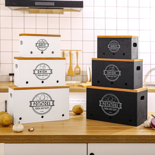 Yorbay 3er - Set Kartoffel - Aufbewahrungsboxen aus Holz, schwarz/weiß - B86 - 2 - yorbiy.com