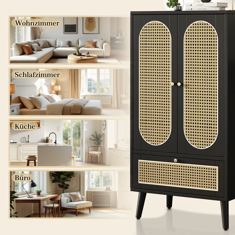 Sideboard in Schwarz mit Rattan - Design, mit 2 Türen und 1 Schublade - YB - WF316082BAA - 6 - yorbiy.com