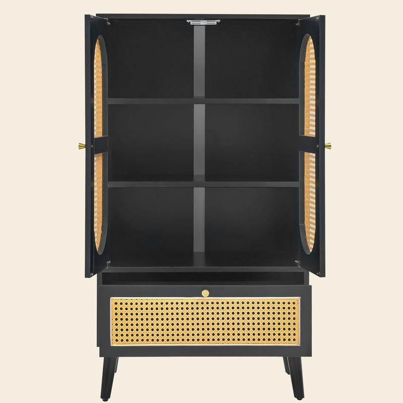Sideboard in Schwarz mit Rattan - Design, mit 2 Türen und 1 Schublade - YB - WF316082BAA - 7 - yorbiy.com