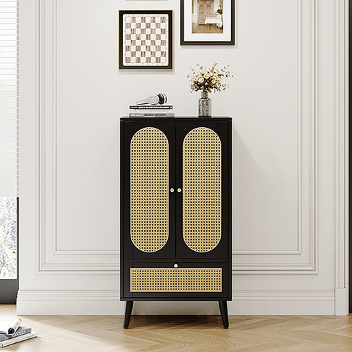 Sideboard in Schwarz mit Rattan - Design, mit 2 Türen und 1 Schublade - YB - WF316082BAA - 2 - yorbiy.com