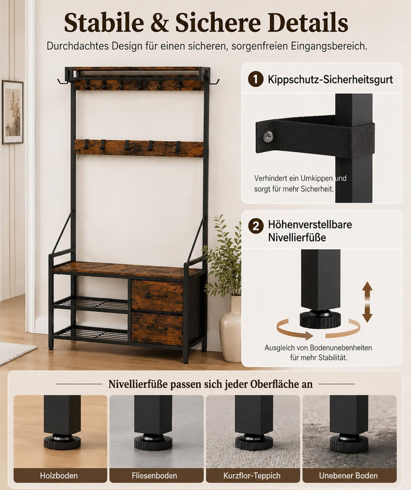 Yorbay Garderobe mit Sitzbank, 17 Haken, Schuhregal & 2 Schubladen - YS029-T111 - 9 - yorbiy.com