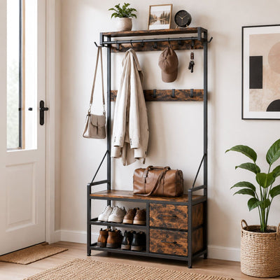 Yorbay Garderobe mit Sitzbank, 17 Haken, Schuhregal & 2 Schubladen - YS029-T111 - 2 - yorbiy.com