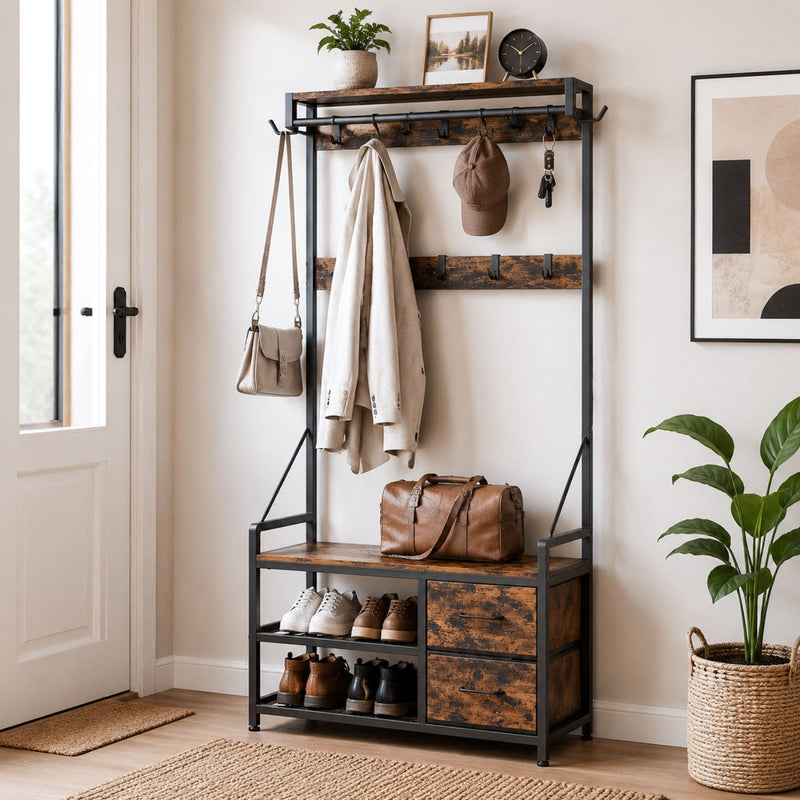 Yorbay Garderobe mit Sitzbank, 17 Haken, Schuhregal & 2 Schubladen - YS029-T111 - 2 - yorbiy.com