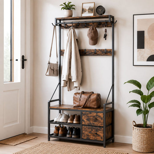 Yorbay Garderobe mit Sitzbank, 17 Haken, Schuhregal & 2 Schubladen - YS029-T111 - 2 - yorbiy.com
