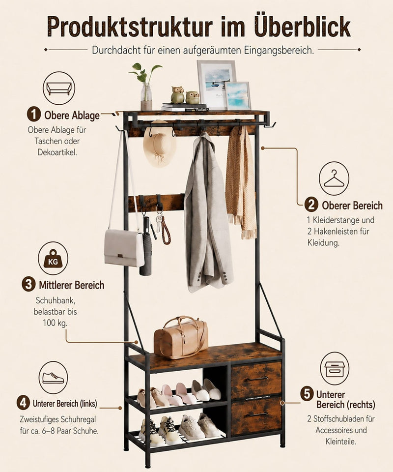 Yorbay Garderobe mit Sitzbank, 17 Haken, Schuhregal & 2 Schubladen - YS029-T111 - 5 - yorbiy.com