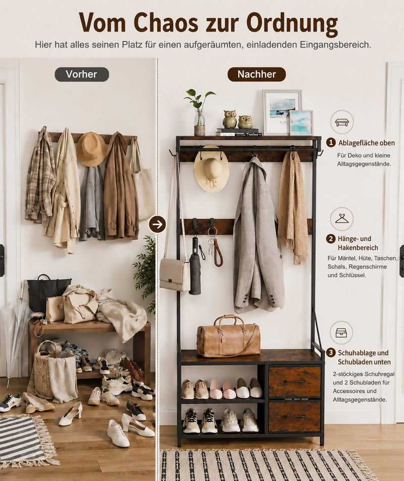 Yorbay Garderobe mit Sitzbank, 17 Haken, Schuhregal & 2 Schubladen - YS029-T111 - 7 - yorbiy.com