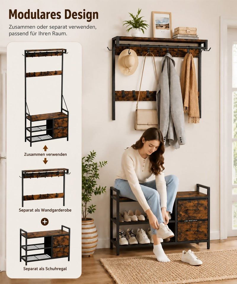 Yorbay Garderobe mit Sitzbank, 17 Haken, Schuhregal & 2 Schubladen - YS029-T111 - 8 - yorbiy.com