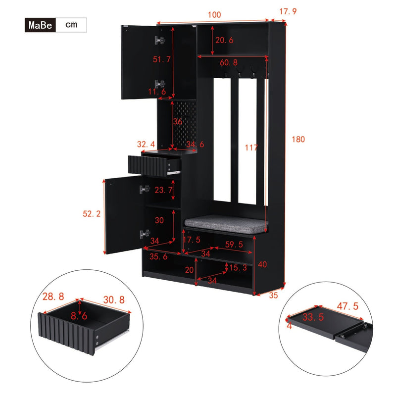 Garderoben - Set mit Sitzbank, Schubladen, Kleiderhaken und Lochwand - YB - N657P29427071S - 15 - yorbiy.com
