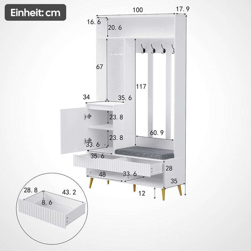 Garderoben - Set mit Sitzbank, Schubladen und 4 Kleiderhaken - YB - N657P29427273W - 3 - yorbiy.com