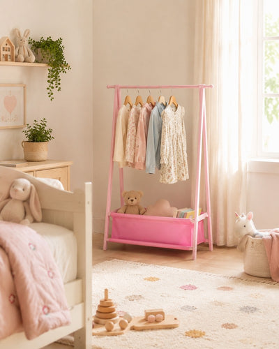 Rosa Kinder-Kleiderständer mit Kleidung in einem freundlich eingerichteten Kinderzimmer.