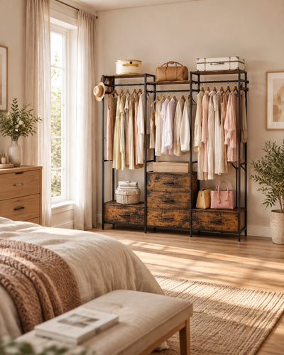Kleiderständer mit Schubladen und Ablagen in einem warmen, modern eingerichteten Schlafzimmer.