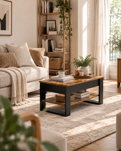 Moderner Couchtisch mit Ablage in einem gemütlichen, hellen Wohnzimmer mit Sofa und Pflanzen.