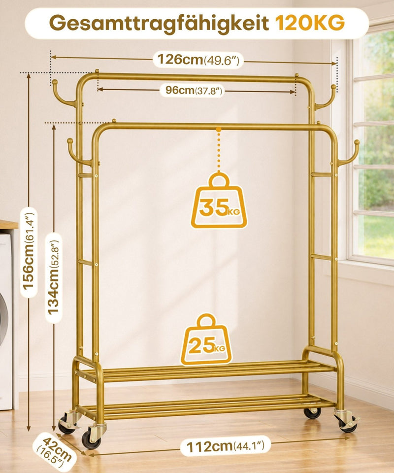 Yorbay Kleiderständer mit Rollen, Doppelstange, 2 Ablagen & 4 Haken - YB106-T076 - 21 - yorbiy.com