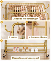 Yorbay Kleiderständer mit Rollen, Doppelstange, 2 Ablagen & 4 Haken - YB106-T076 - 24 - yorbiy.com