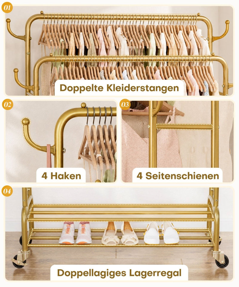 Yorbay Kleiderständer mit Rollen, Doppelstange, 2 Ablagen & 4 Haken - YB106-T076 - 24 - yorbiy.com