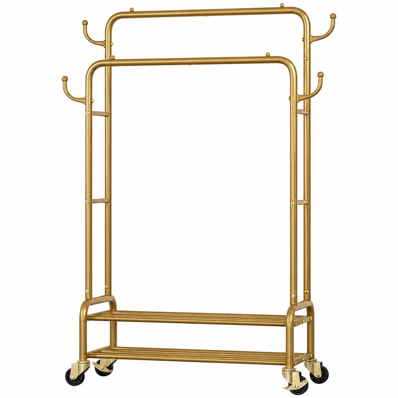 Yorbay Kleiderständer mit Rollen, Doppelstange, 2 Ablagen & 4 Haken - YB106-T075 - 13 - yorbiy.com