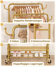 Yorbay Kleiderständer mit Rollen, Doppelstange, 2 Ablagen & 4 Haken - YB106-T076 - 30 - yorbiy.com