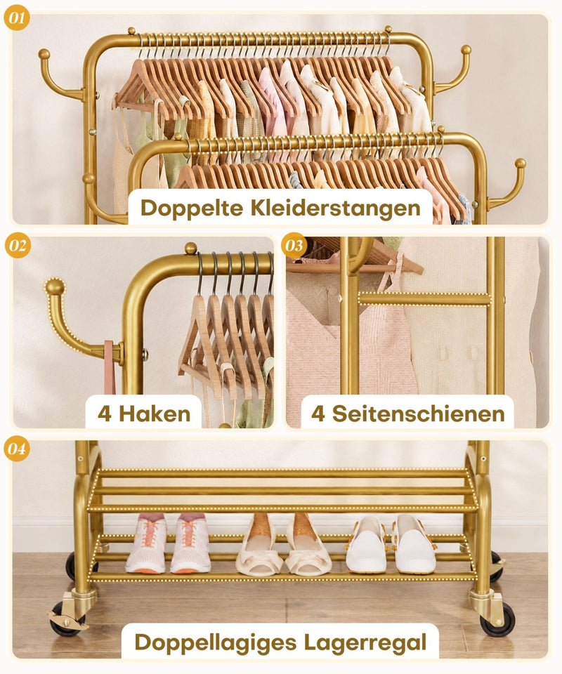 Yorbay Kleiderständer mit Rollen, Doppelstange, 2 Ablagen & 4 Haken - YB106-T076 - 30 - yorbiy.com