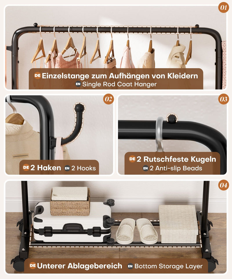 Yorbay Kleiderständer aus Metall mit Rollen, Haken und Ablage, 81/94 x 40 x 132 cm - YB087 - T070 - 6 - yorbiy.com