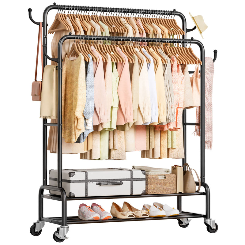 Yorbay Kleiderständer mit Rollen, Doppelstange, 2 Ablagen & 4 Haken - YB106-T076 - 19 - yorbiy.com
