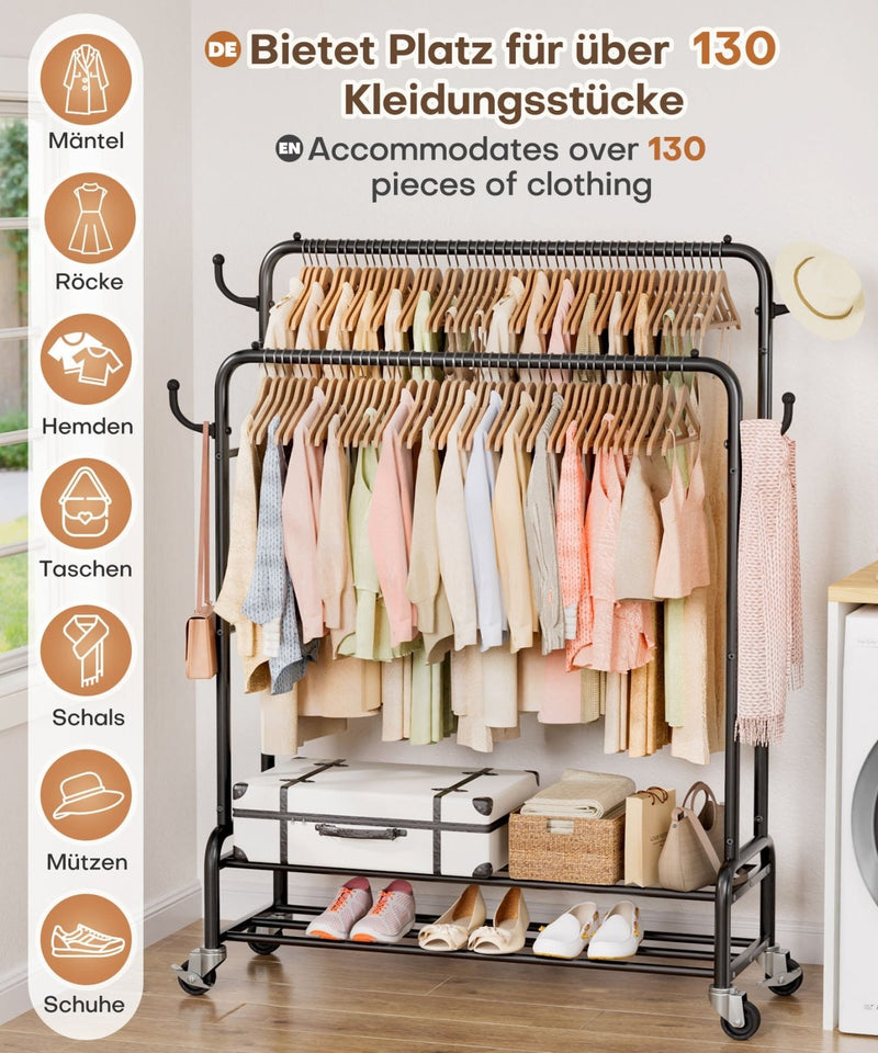 Yorbay Kleiderständer mit Rollen, Doppelstange, 2 Ablagen & 4 Haken - YB106-T075 - 8 - yorbiy.com