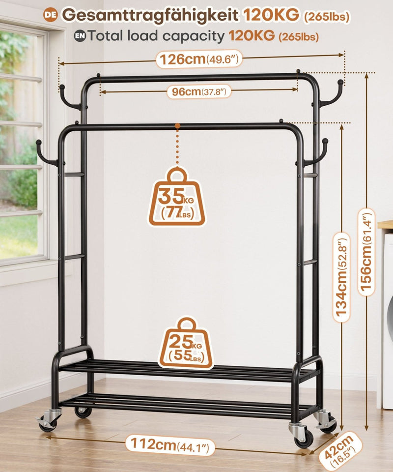 Yorbay Kleiderständer mit Rollen, Doppelstange, 2 Ablagen & 4 Haken - YB106-T075 - 12 - yorbiy.com