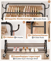 Yorbay Kleiderständer mit Rollen, Doppelstange, 2 Ablagen & 4 Haken - YB106-T075 - 7 - yorbiy.com