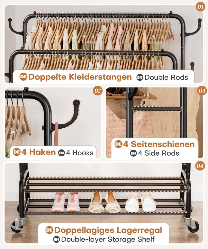 Yorbay Kleiderständer mit Rollen, Doppelstange, 2 Ablagen & 4 Haken - YB106-T075 - 7 - yorbiy.com