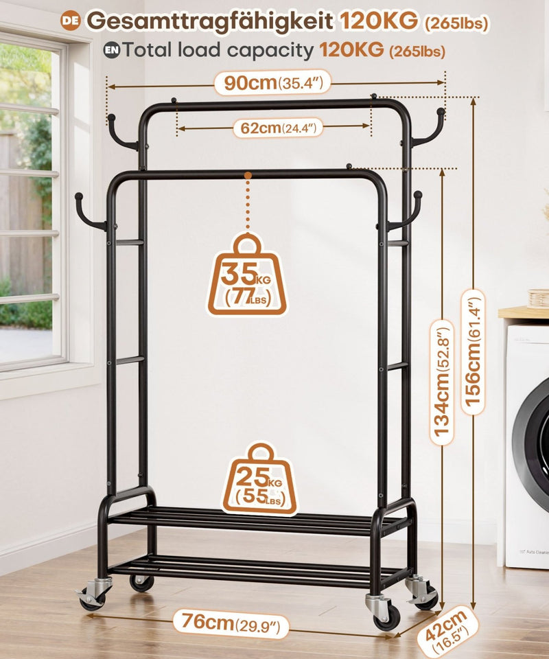 Yorbay Kleiderständer mit Rollen, Doppelstange, 2 Ablagen & 4 Haken - YB106-T075 - 3 - yorbiy.com