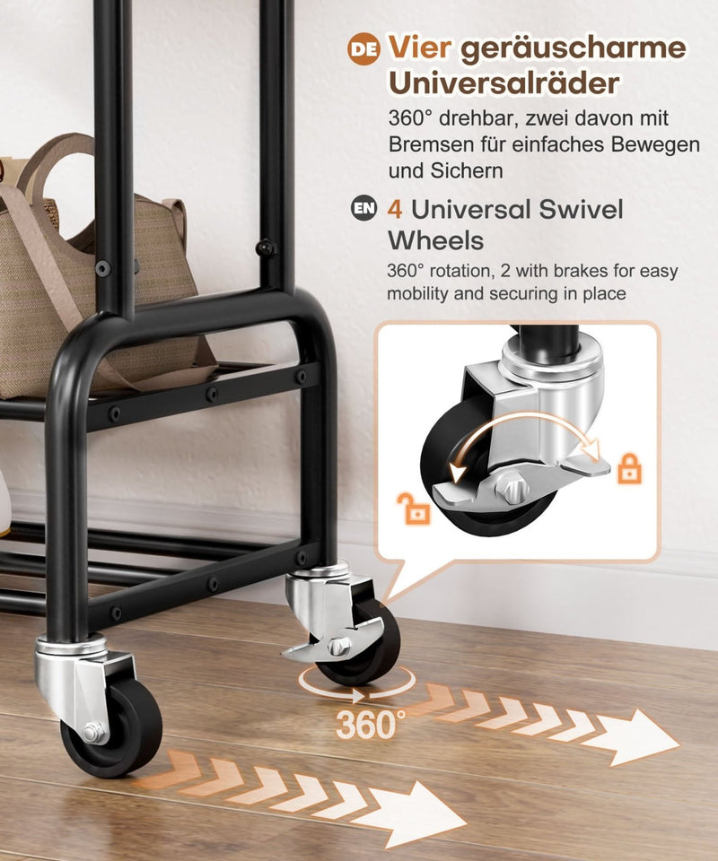 Yorbay Kleiderständer mit Rollen, Doppelstange, 2 Ablagen & 4 Haken - YB106-T075 - 4 - yorbiy.com