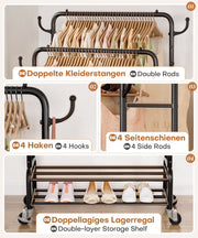 Yorbay Kleiderständer mit Rollen, Doppelstange, 2 Ablagen & 4 Haken - YB106-T075 - 5 - yorbiy.com