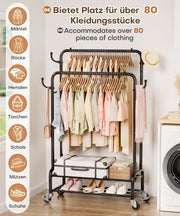 Yorbay Kleiderständer mit Rollen, Doppelstange, 2 Ablagen & 4 Haken - YB106-T076 - 22 - yorbiy.com