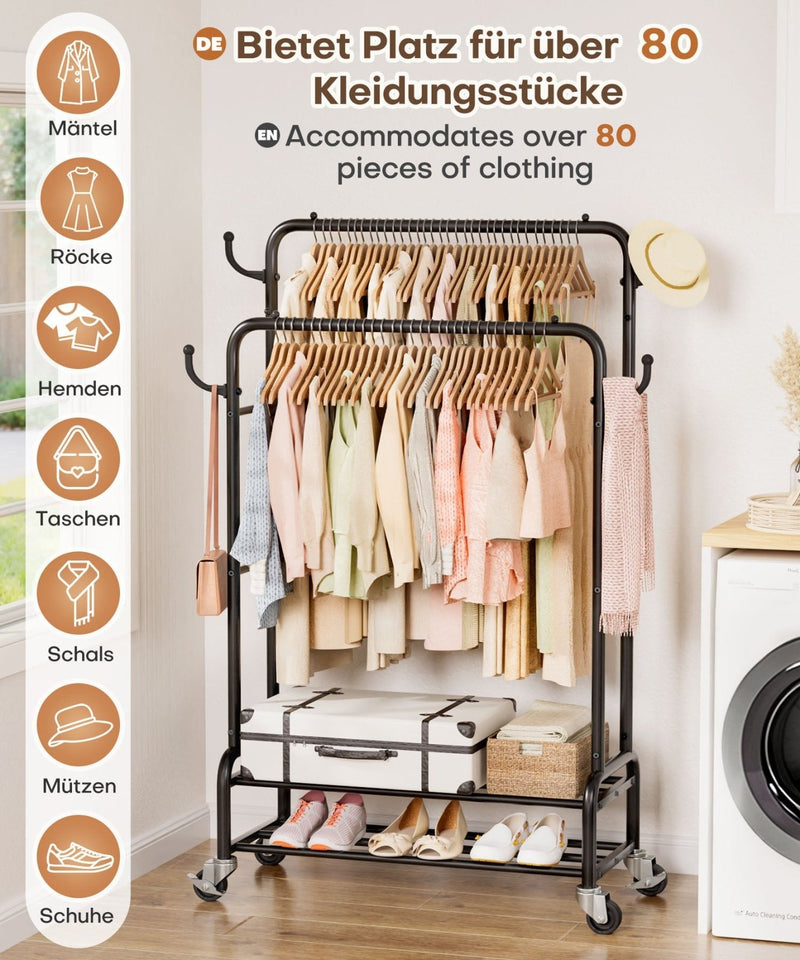 Yorbay Kleiderständer mit Rollen, Doppelstange, 2 Ablagen & 4 Haken - YB106-T076 - 22 - yorbiy.com