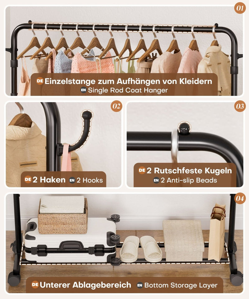 Yorbay höhenverstellbarer Kleiderständer aus Metall mit Rollen, Haken und Ablage - YB087-T096 - 4 - yorbiy.com