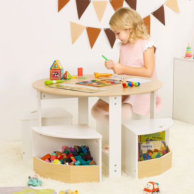 Yorbay runder Kindertisch - und Stuhlset mit 4 Aufbewahrungshockern - YB030 - D033 - 2 - yorbiy.com