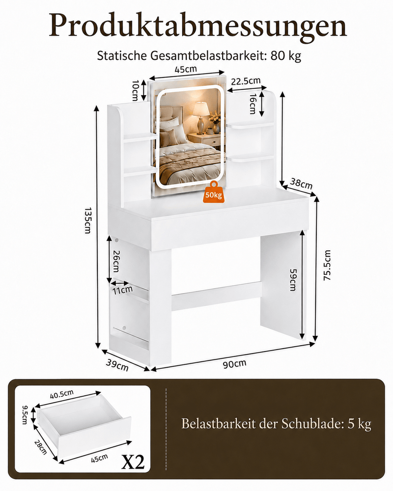 Yorbay Schminktisch mit LED-Spiegel, 2 Schubladen & offenen Ablagen - YW015-D084 - 3 - yorbiy.com