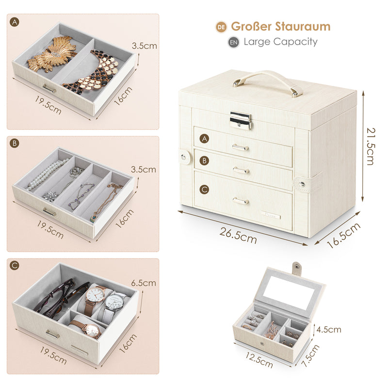Yorbay Schmuckkästchen aus Kunstleder mit 3 Schubladen und Mini-Box - B31 - 2 - yorbiy.com