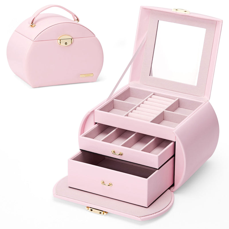 Yorbay Runder Schmuckkoffer aus Kunstleder mit Handgriff Pink - SL003-C063 - 11 - yorbiy.com