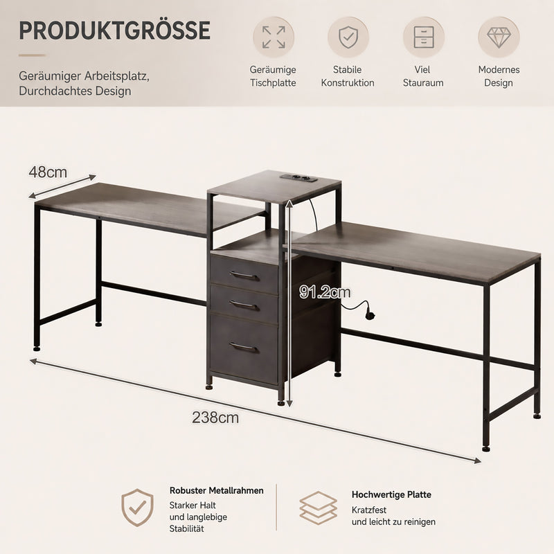 Yorbay Schreibtisch für 2 Personen mit LED-Beleuchtung, Steckdosen & Schubladen - YS030-T112 - 3 - yorbiy.com
