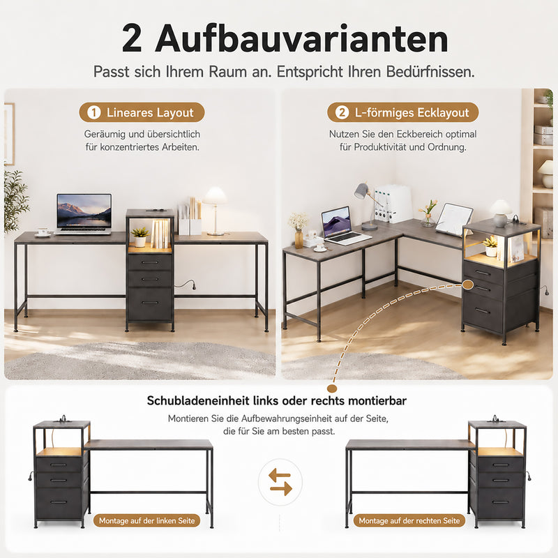 Yorbay Schreibtisch für 2 Personen mit LED-Beleuchtung, Steckdosen & Schubladen - YS030-T112 - 4 - yorbiy.com