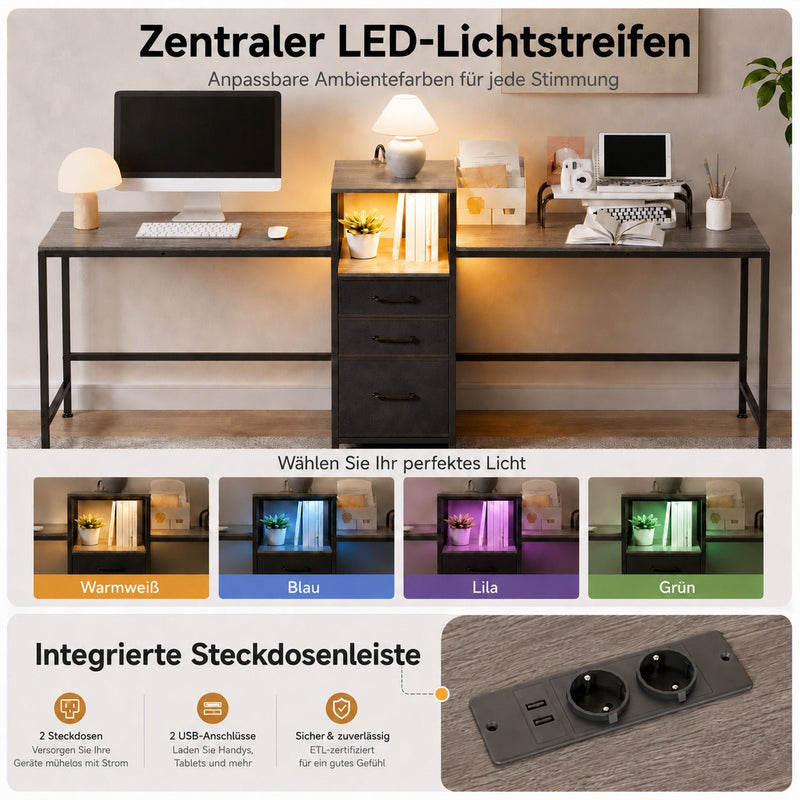 Yorbay Schreibtisch für 2 Personen mit LED-Beleuchtung, Steckdosen & Schubladen - YS030-T112 - 7 - yorbiy.com