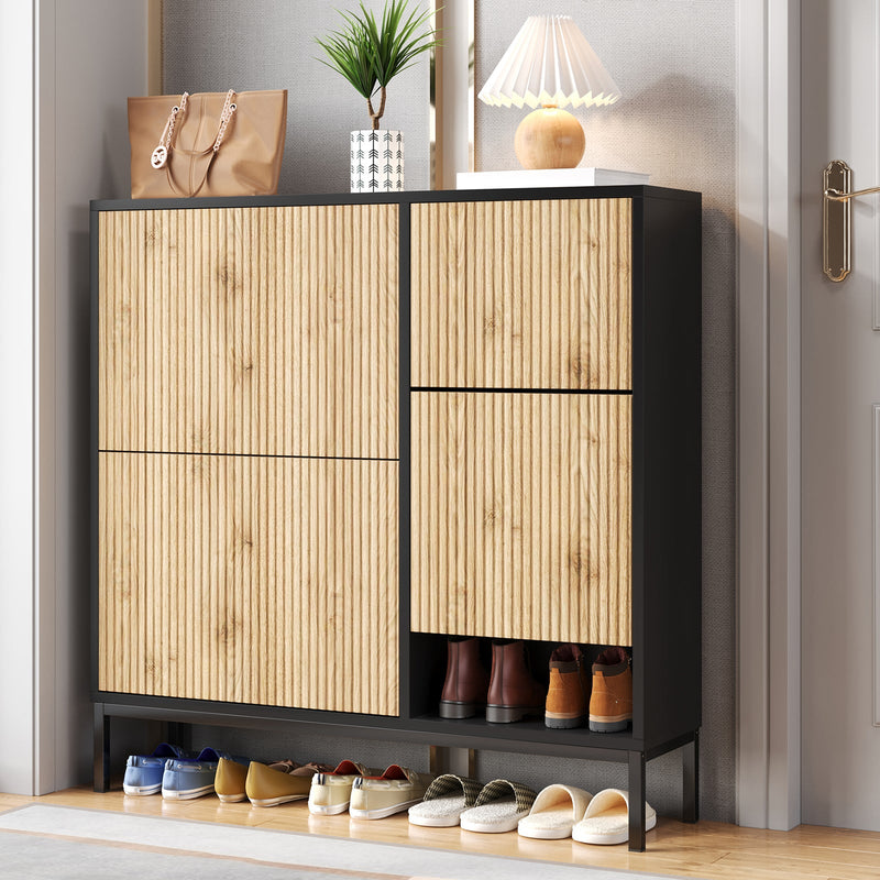 Schuhschrank mit Schuhwechselhocker und 3 Klappen, 100 x 100 x 25 cm - YB - WF230456458S - 2 - yorbiy.com