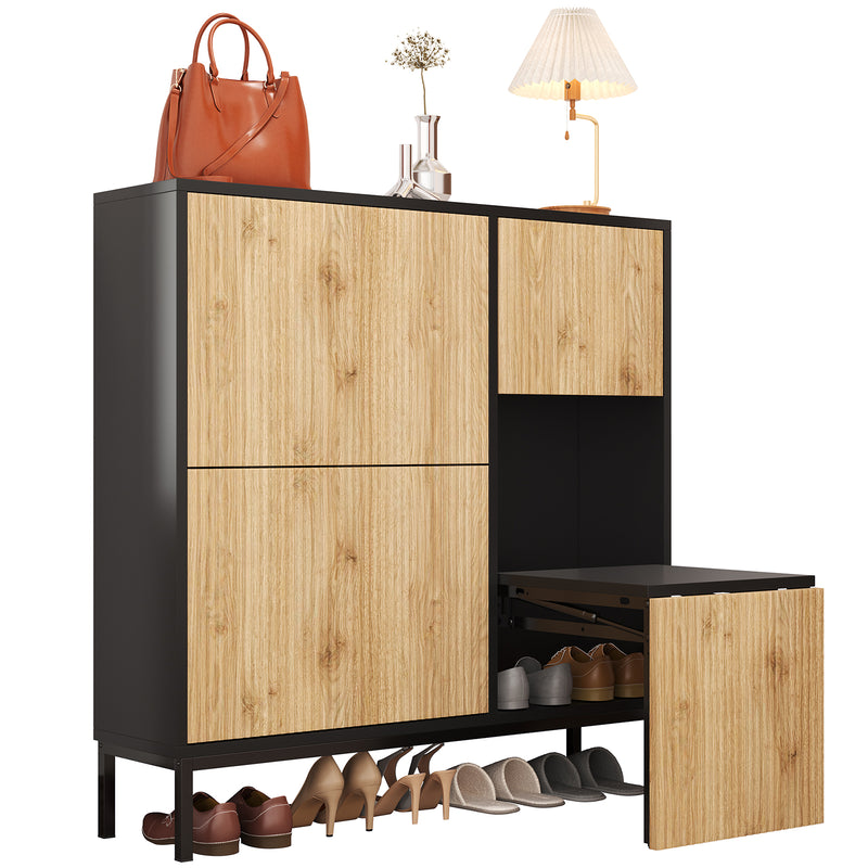 Schuhschrank mit Schuhwechselhocker und 3 Klappen, 100 x 100 x 25 cm - YB - WF230456458S - 1 - yorbiy.com