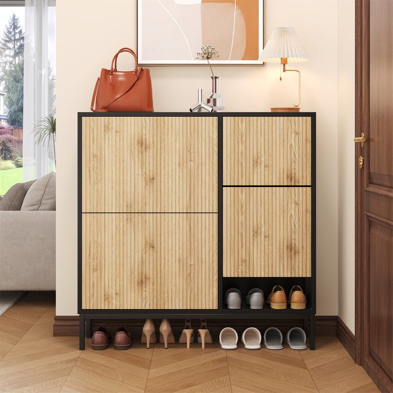 Schuhschrank mit Schuhwechselhocker und 3 Klappen, 100 x 100 x 25 cm - YB - WF230456458S - 8 - yorbiy.com